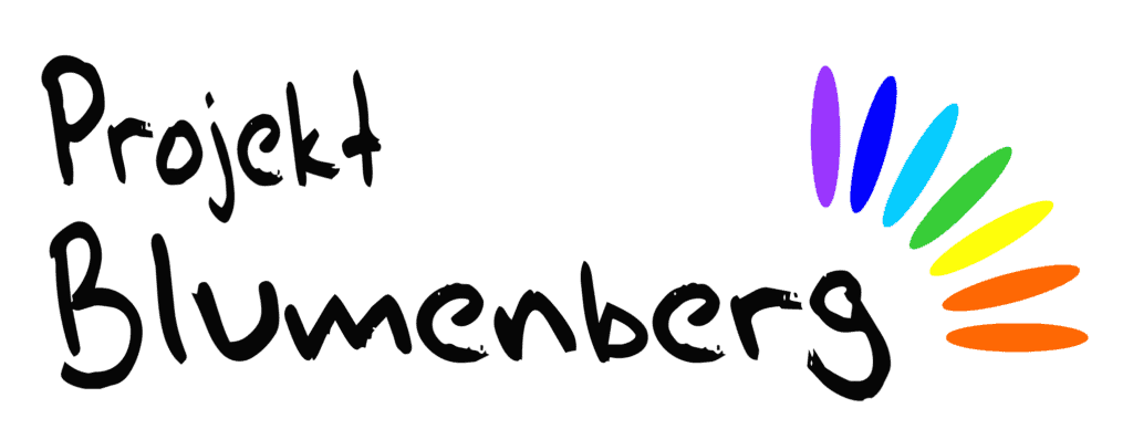 Projekt Blumenbergs Logo mit buntem Farbkreis und handgeschriebenem Schriftzug.