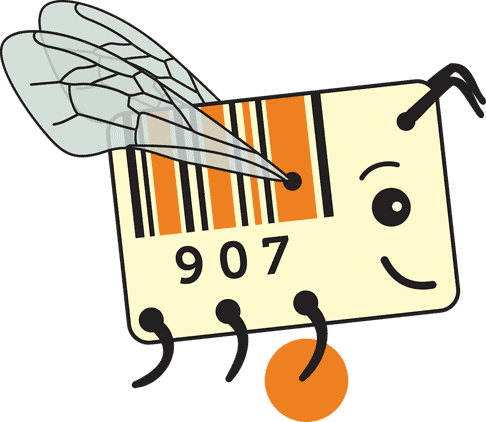 Illustration eines Fliegen mit Barcode-Flügeln und einem lachenden Gesicht.
