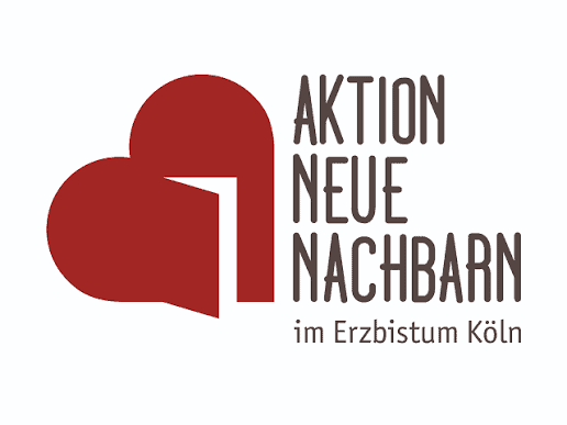 Logo der Aktion Neue Nachbarn im Erzbistum Köln mit Herzsymbol und Text.